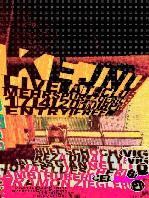 Collagiertes, verzerrtes Konzertplakat für Kejnu im Mehrspur Club in Neonfarben