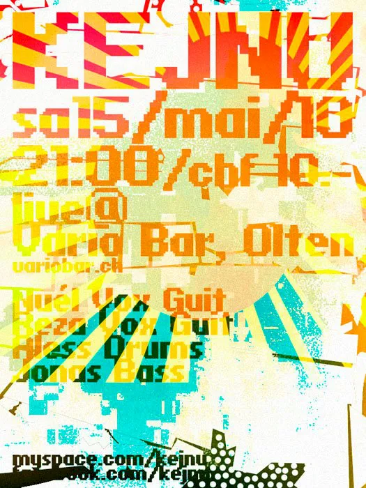 Knallbuntes Konzertplakat mit Glitch-Typo für einen Kejnu-Gig in der Vario Bar Olten