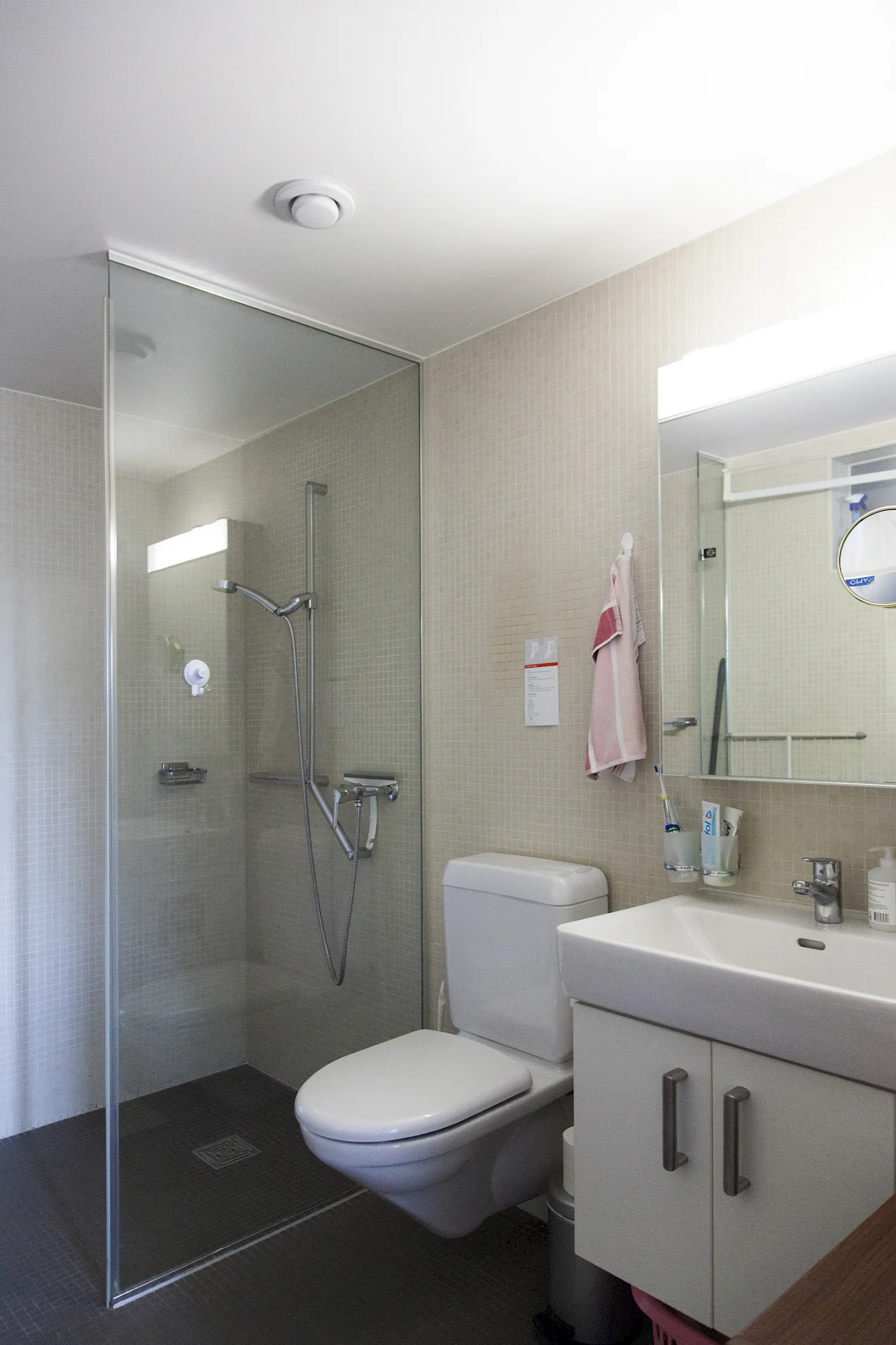 Bathroom with a walk-in glass shower, toilet, and sink