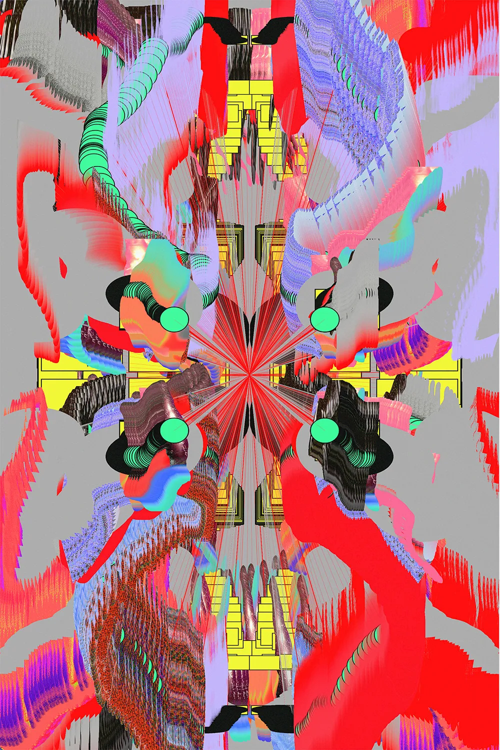 Generative Kunst aus der Tesseract-Serie: kaleidoskopisches Muster mit türkisen Kreisen und gelben Gittern