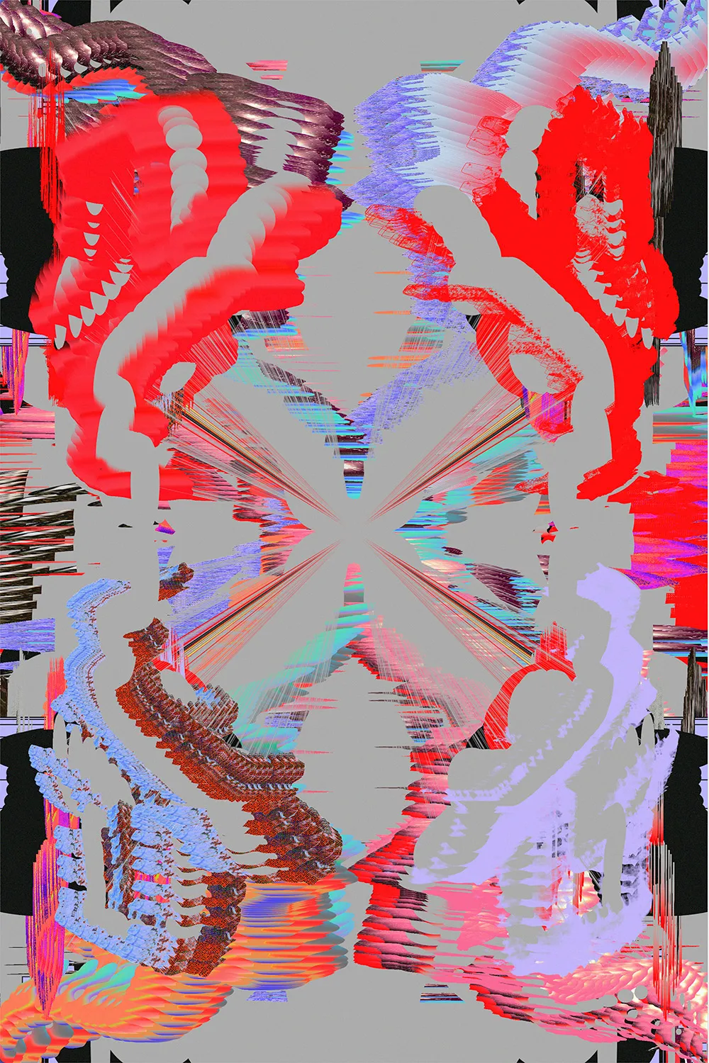 Generative Kunst aus der Tesseract-Serie: gespiegeltes Muster aus roten und lavendelfarbenen Formen
