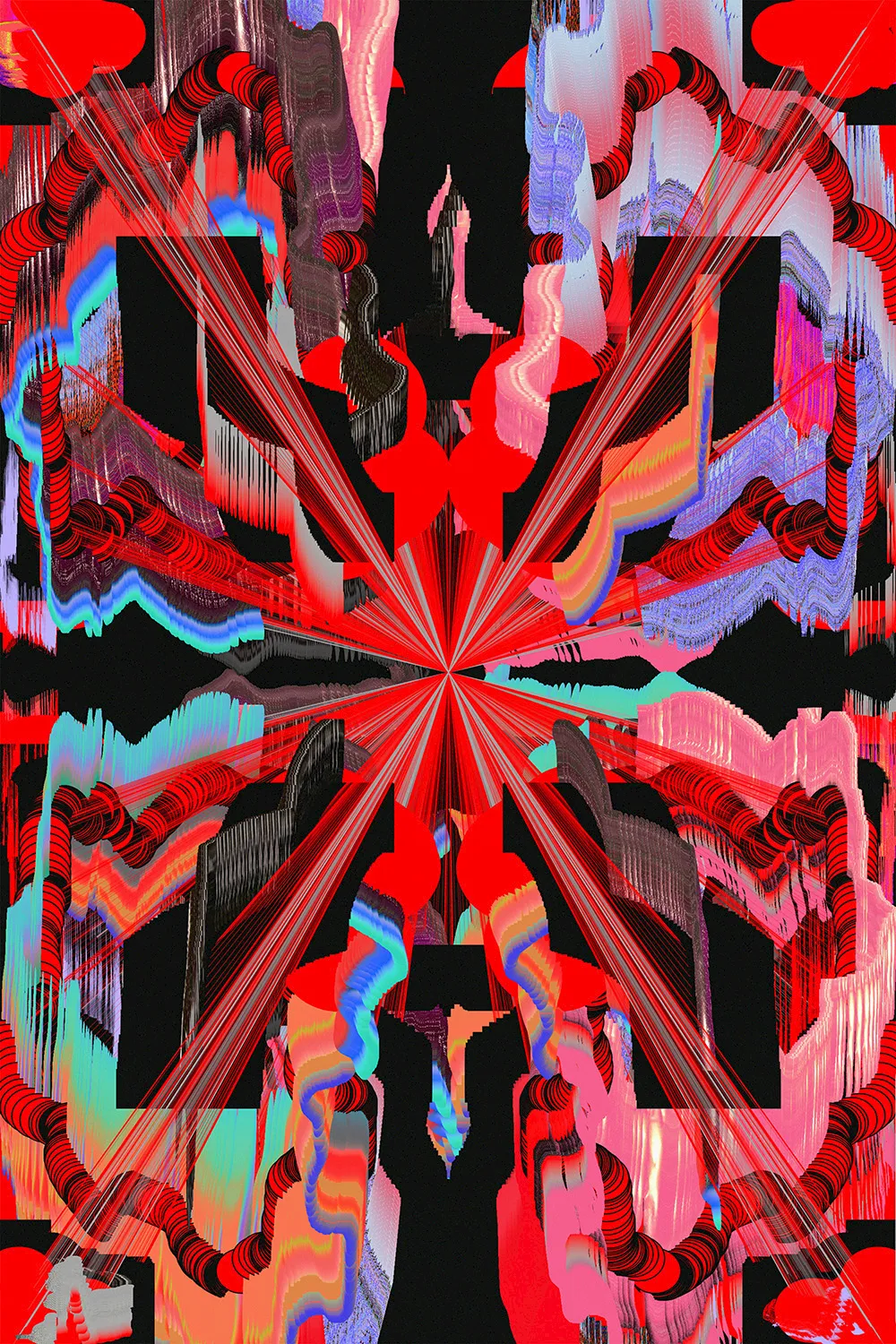 Tesseract-Print mit roten Strahlenlinien und spiegelsymmetrischen Formen in Türkis, Rosa und Violett