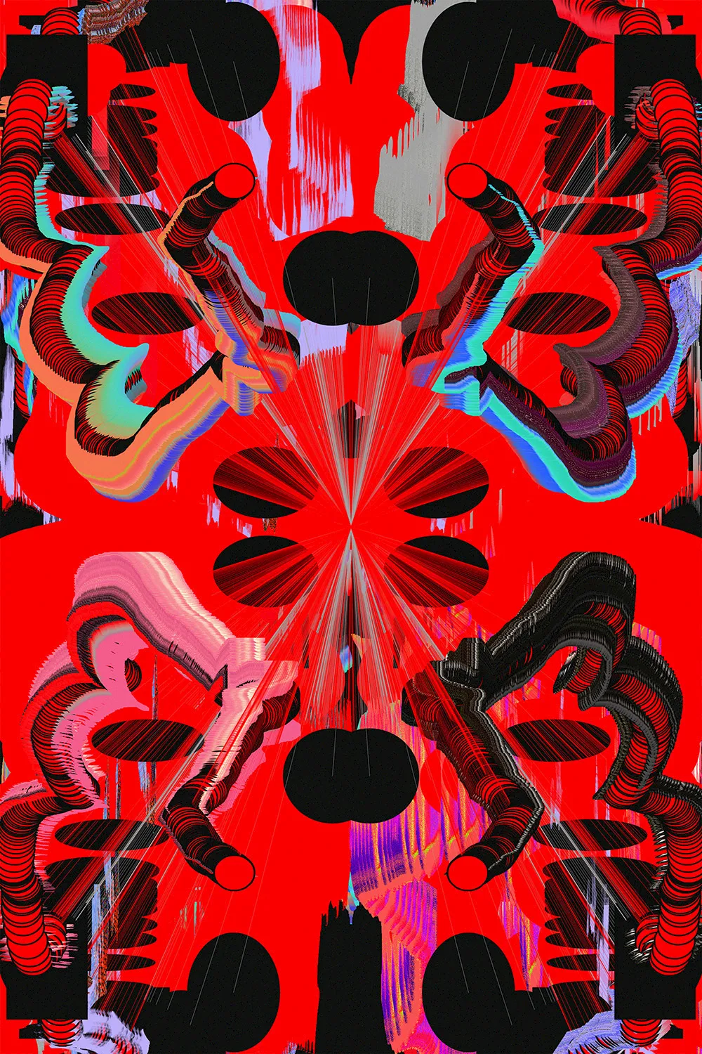 Generative Kunst aus der Tesseract-Serie: symmetrisches Muster aus roten Tentakeln und schwarzen Formen