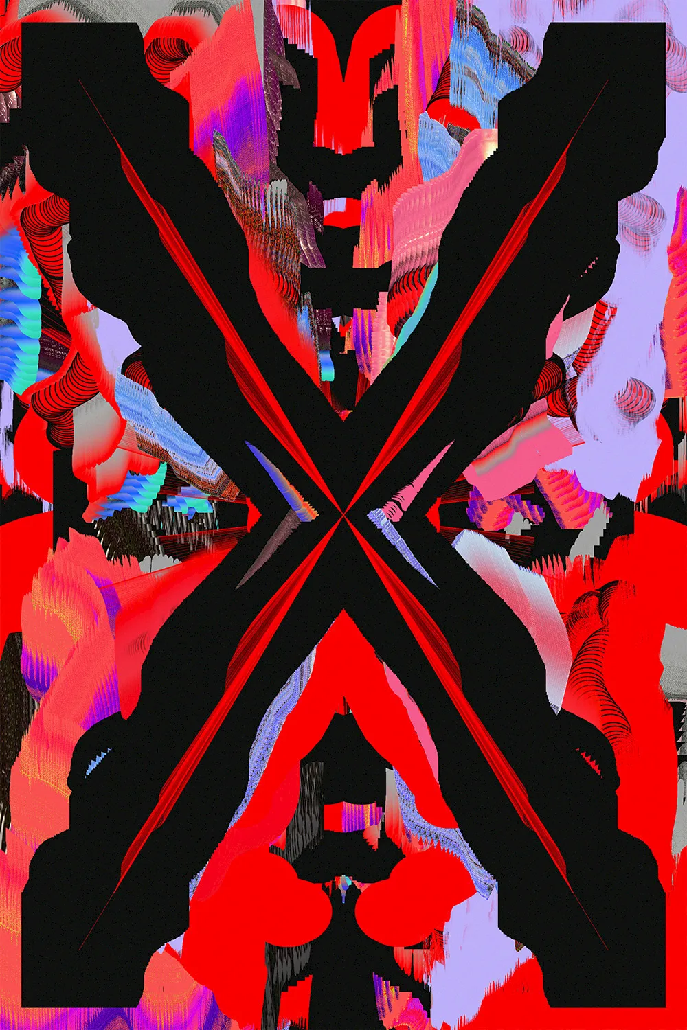 Generative Kunst aus der Tesseract-Serie: schwarzes X-Motiv auf buntem, gespiegeltem Linienmuster