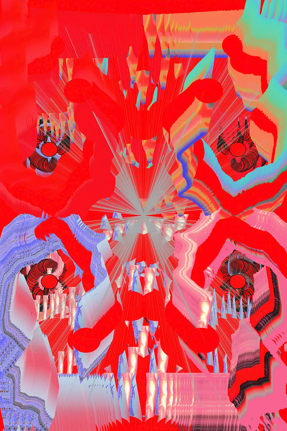 Generative Kunst aus der Tesseract-Serie: strahlenförmiges Muster in Rot mit kristallinen Formen