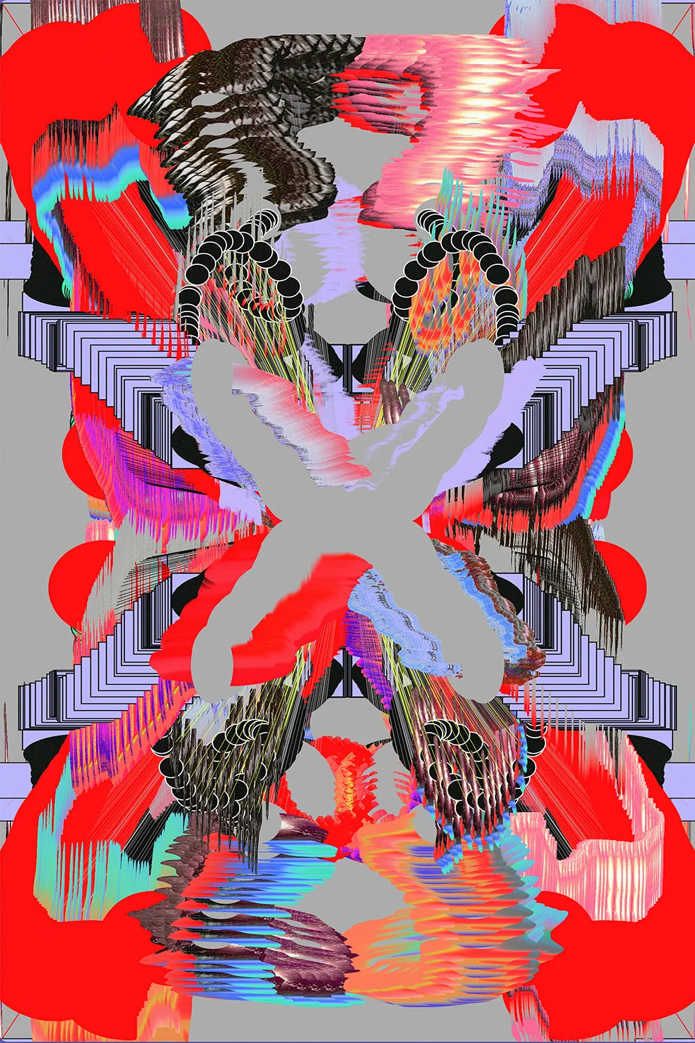 Generative Kunst aus der Tesseract-Serie: gespiegeltes X-Muster in Rot, Grau und Pastelltönen