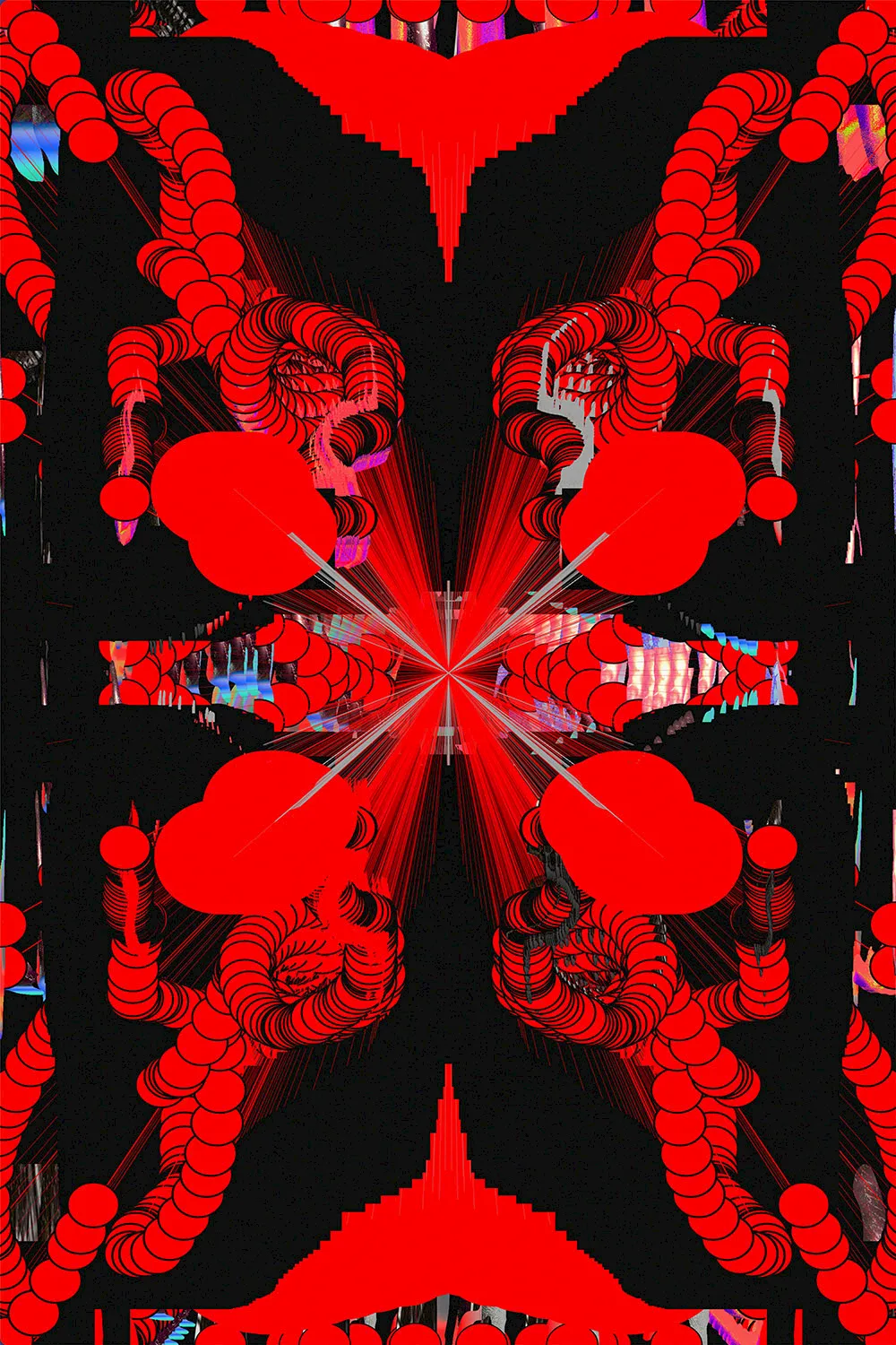 Generative Kunst aus der Tesseract-Serie: symmetrisches Muster aus roten Kreisketten auf Schwarz