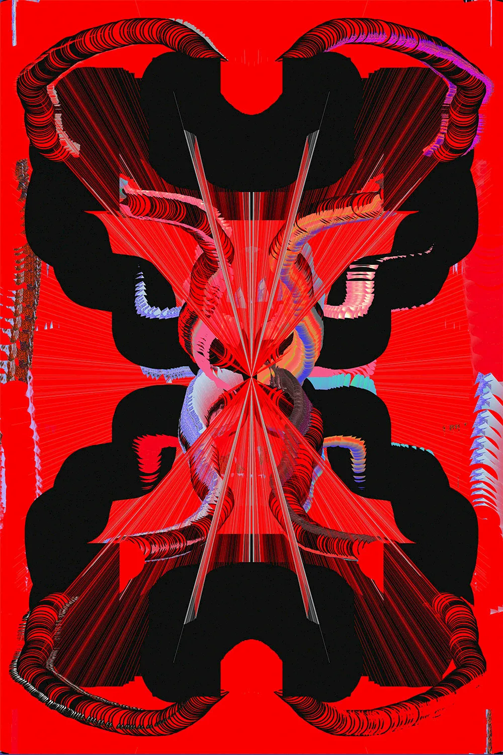 Generative Kunst aus der Tesseract-Serie: schwarze Schlaufen mit roten Strahlen auf rotem Grund
